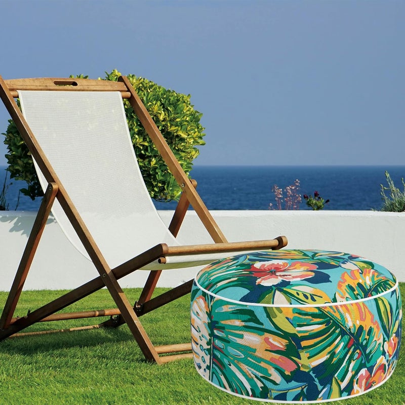 FUNHOME Inflatable Stool Ottoman Footrest with Handle, All Weather Footrest Seat with Foot Pump D20 xH9, Water Repellent Footstool Pouf for Home Patio Garden and Camping Use-Rosario Flower Leaf - Image 2